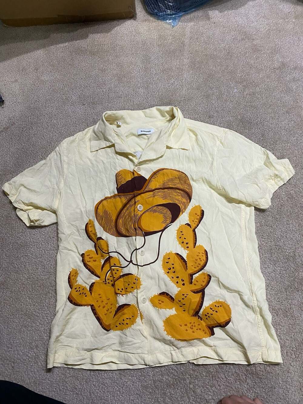 Sandro Men's Yellow Flowing Sombrero Cactus Graphic Print Short Sleeve Camp Shir